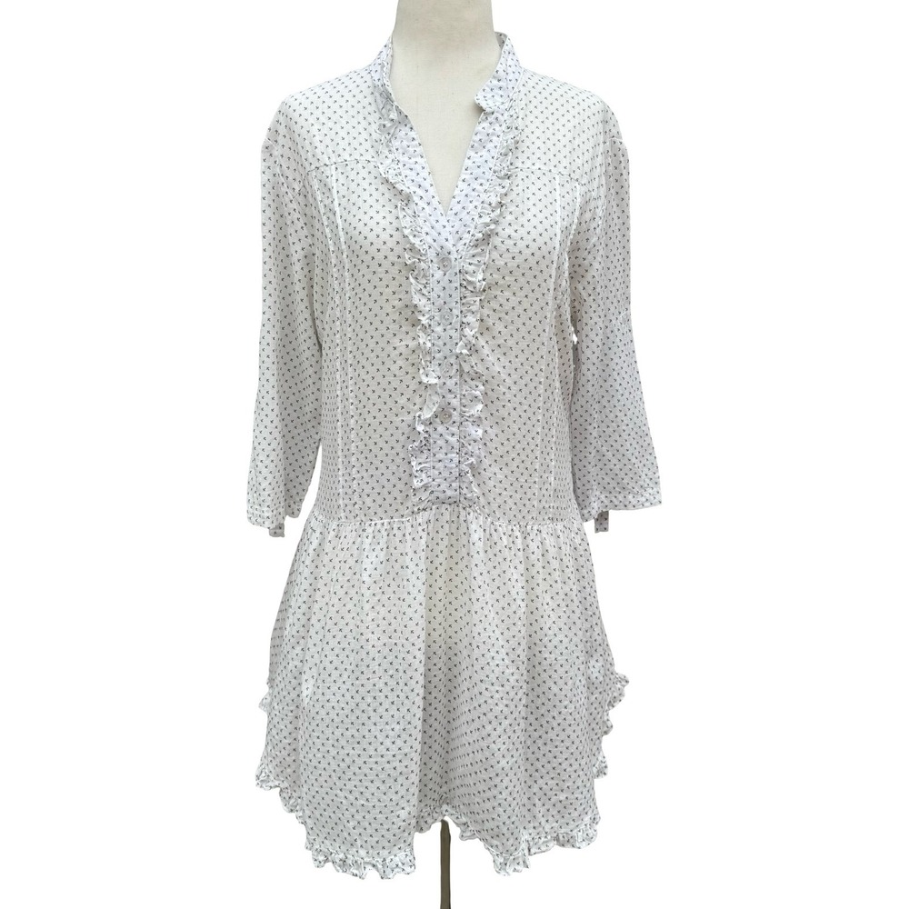 Moon Collection White Ruffle Drop Waist Mini Dress Tunic M Coastal Boho Peasant